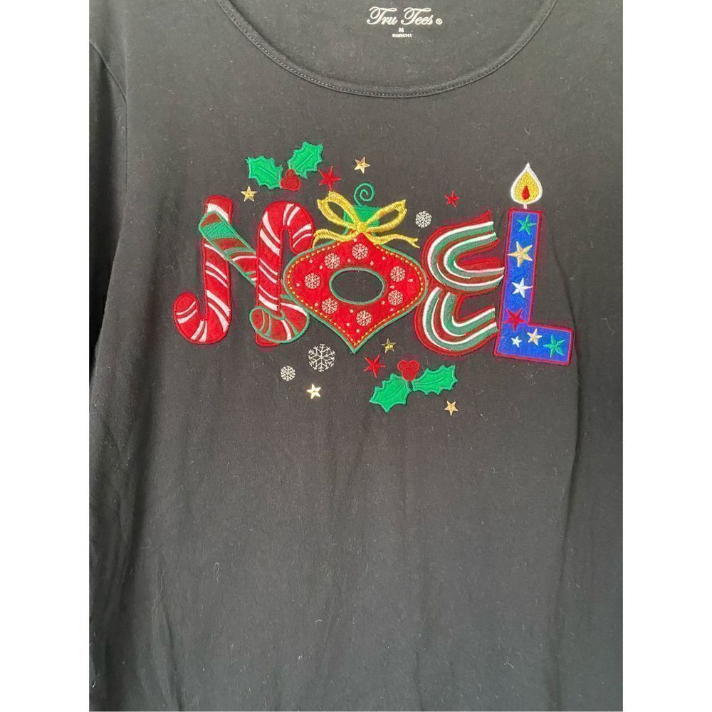 TRU tees Christmas women’s embroidered Noel black long sleeve top size medium￼
